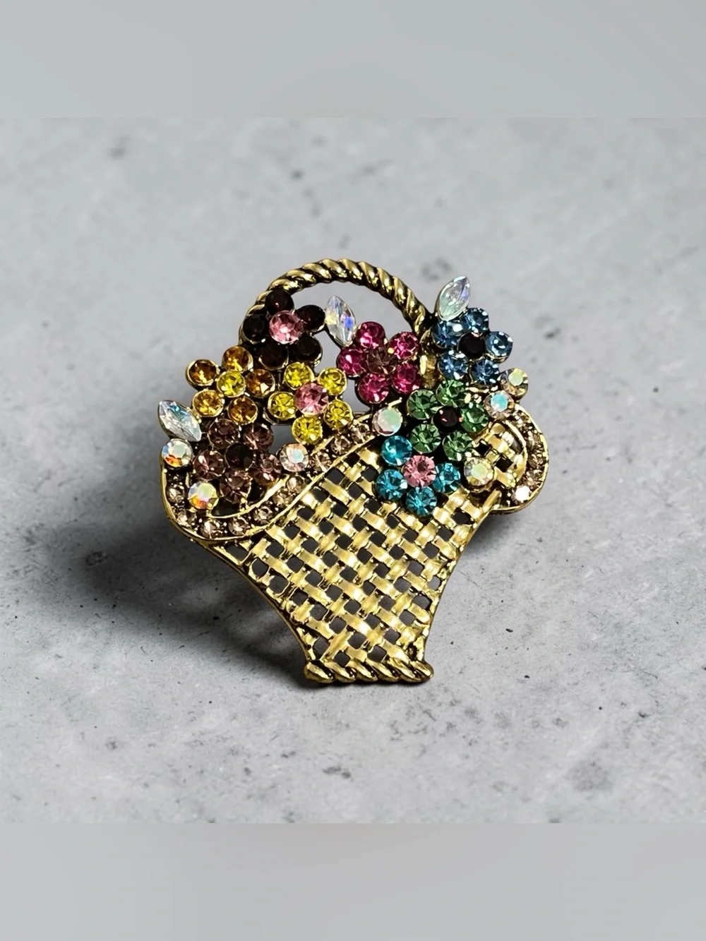 Gold-Tone Rhinestone Floral Basket Brooch